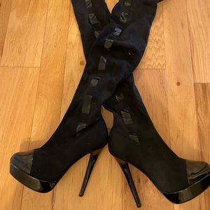 Womens COLIN STUART Black Patent Leather Thigh High Platform BOOTS Sz 9